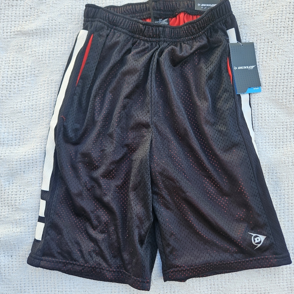 Dunlop Sports Shorts Boys Size Large 14/16 Black Red Quick to Dry Drawstring